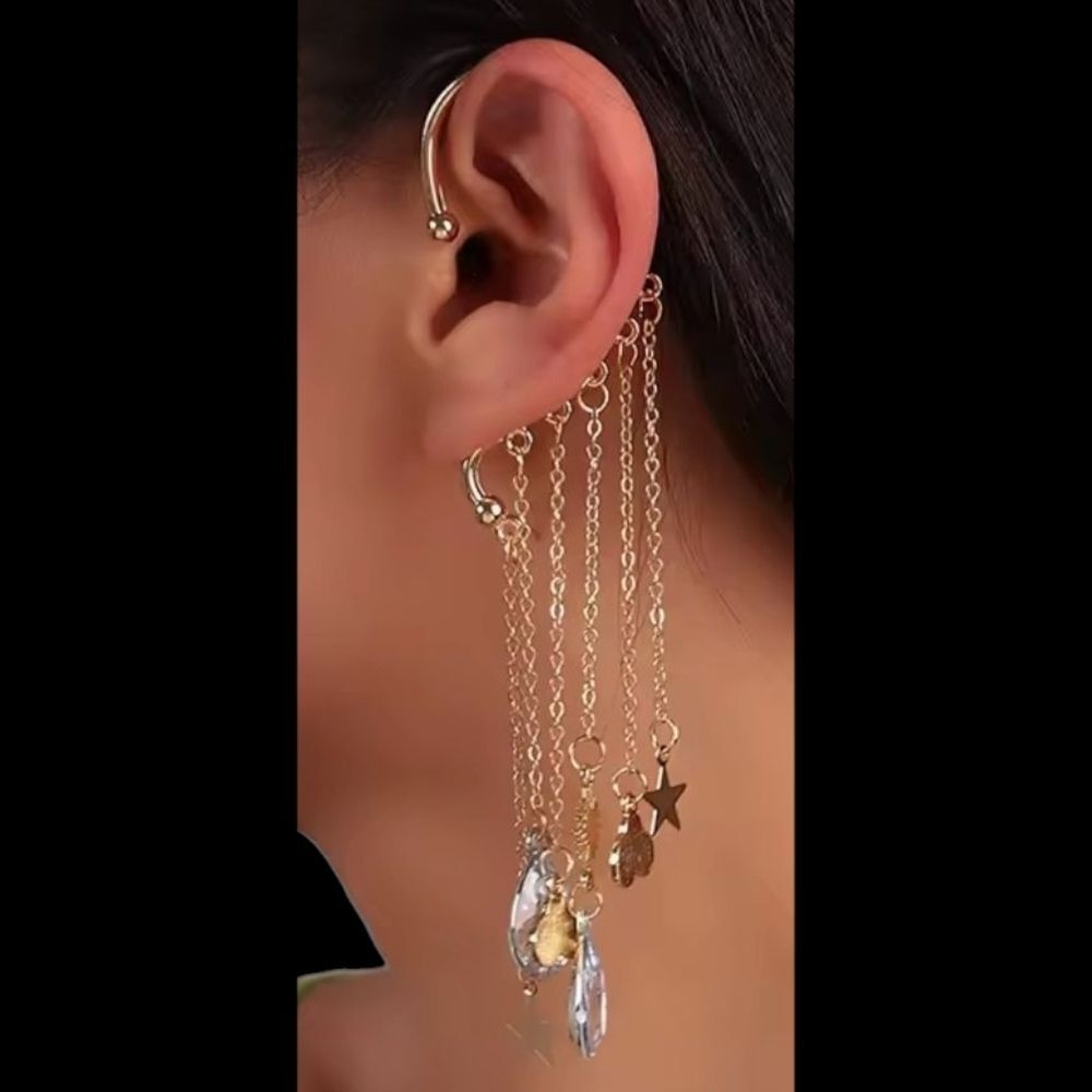 Gold Multi Chain Star & Crystal Ear Cuff No Piercing Req Boho Chic Fairy Garden